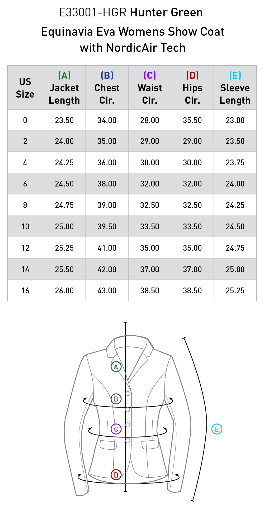 Size chart for Equinavia Eva Womens Show Coat with NordicAirÂ® Tech - Hunter Green
