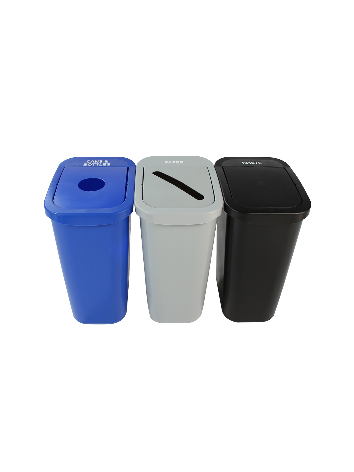 BILLI BOX – Triple – Kit – 10 G – Cans & Bottles-Paper-Waste – Circle-Slot-Swing – Blue-Grey-Black