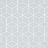Geometric wallpaper with white isometric cube pattern on a pale blue background; repeating motif covers the surface, decorating an interior wall under soft, even lighting with no other visible objects.