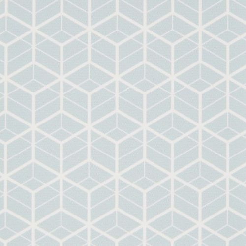Geometric wallpaper with white isometric cube pattern on a pale blue background; repeating motif covers the surface, decorating an interior wall under soft, even lighting with no other visible objects.