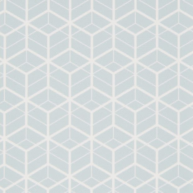 Geometric wallpaper with white isometric cube pattern on a pale blue background; repeating motif covers the surface, decorating an interior wall under soft, even lighting with no other visible objects.
