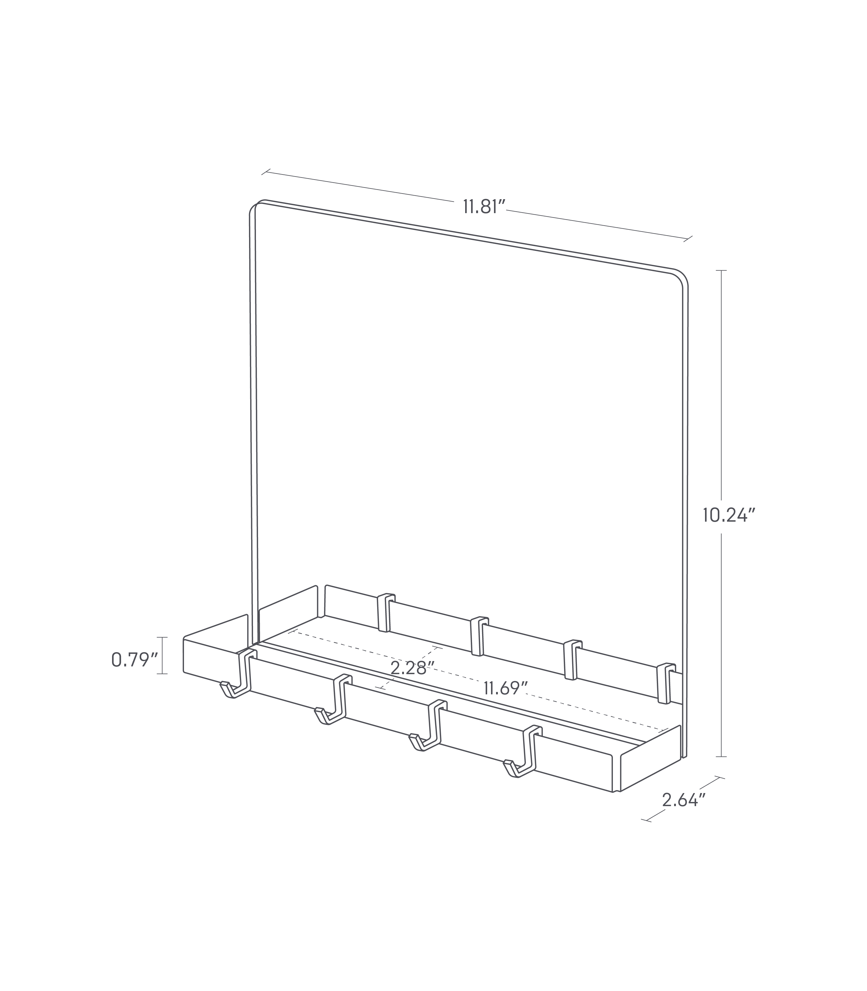 Dimension image for Magnetic Mirror with Storage Rack showing rack overall height 10.24", width 11.69", depth 2.28", and hook drop 2.64