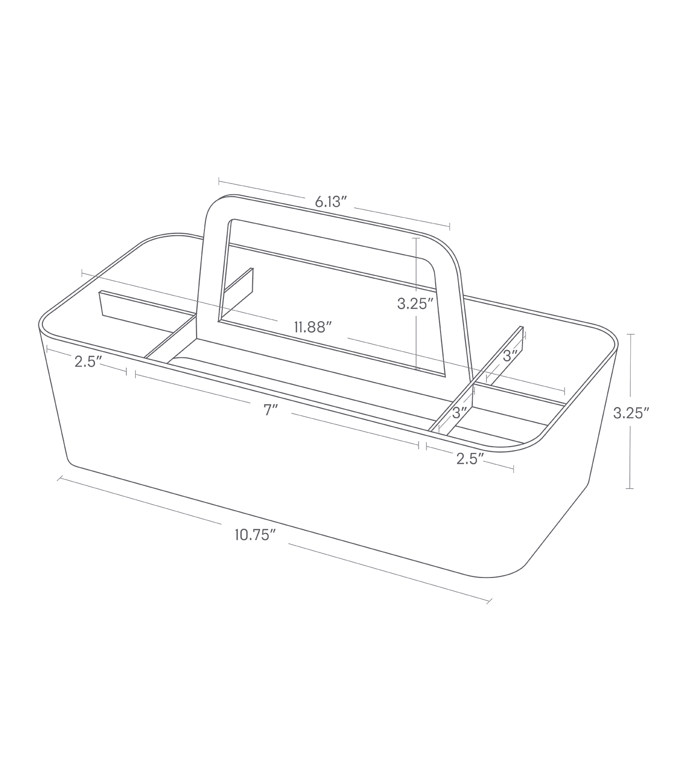 Panier de rangement TOWER. 10,75 pouces de long, 3,25 pouces de profondeur. Poignée de 6,13 pouces de large, 3,25 pouces de haut.