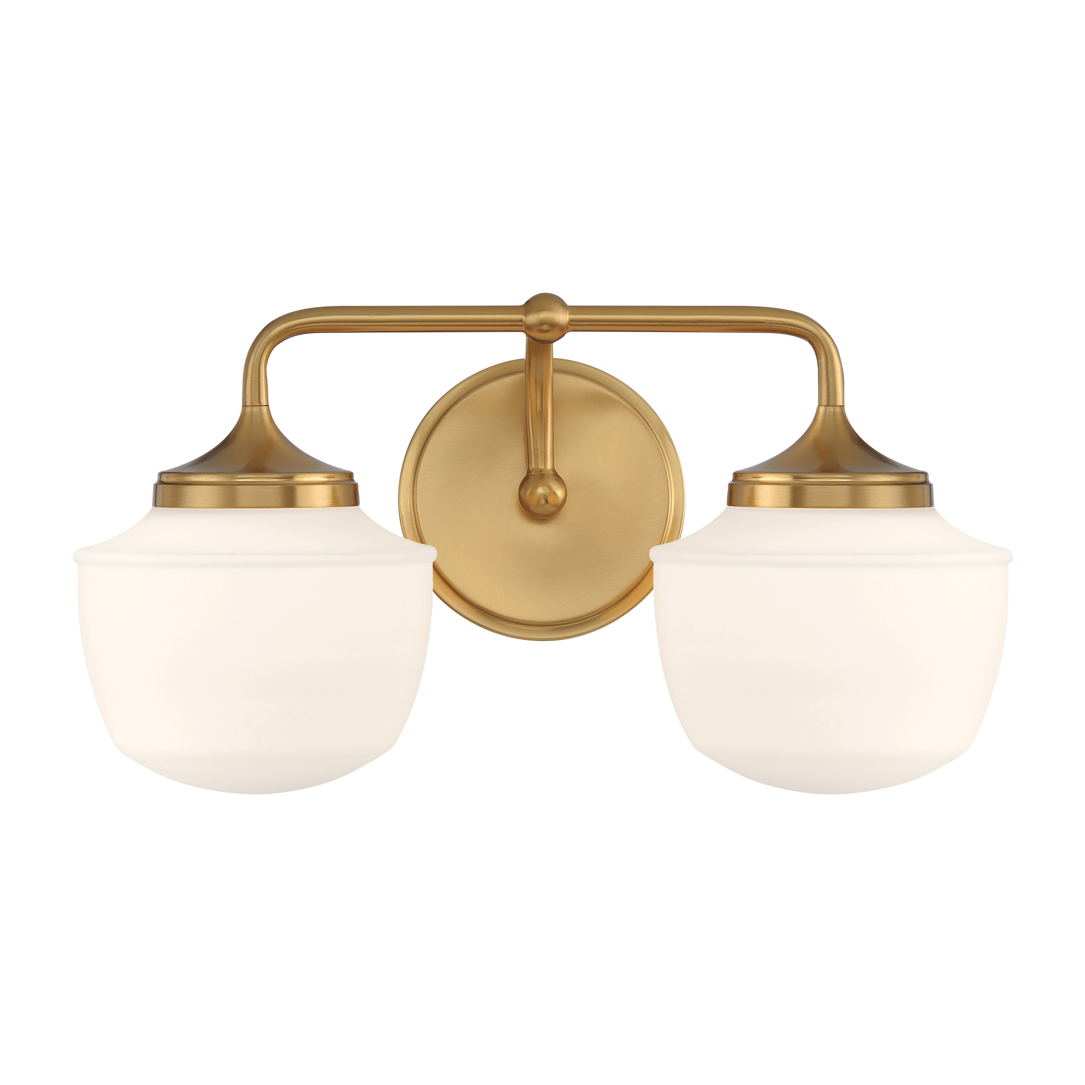 The Cornwell 2-Light Bath Vanity combines warm aged brass finish with classic etched opal glass for a sophisticated bathroom lighting solution. Reversible mounting offers installation flexibility. - alternate view