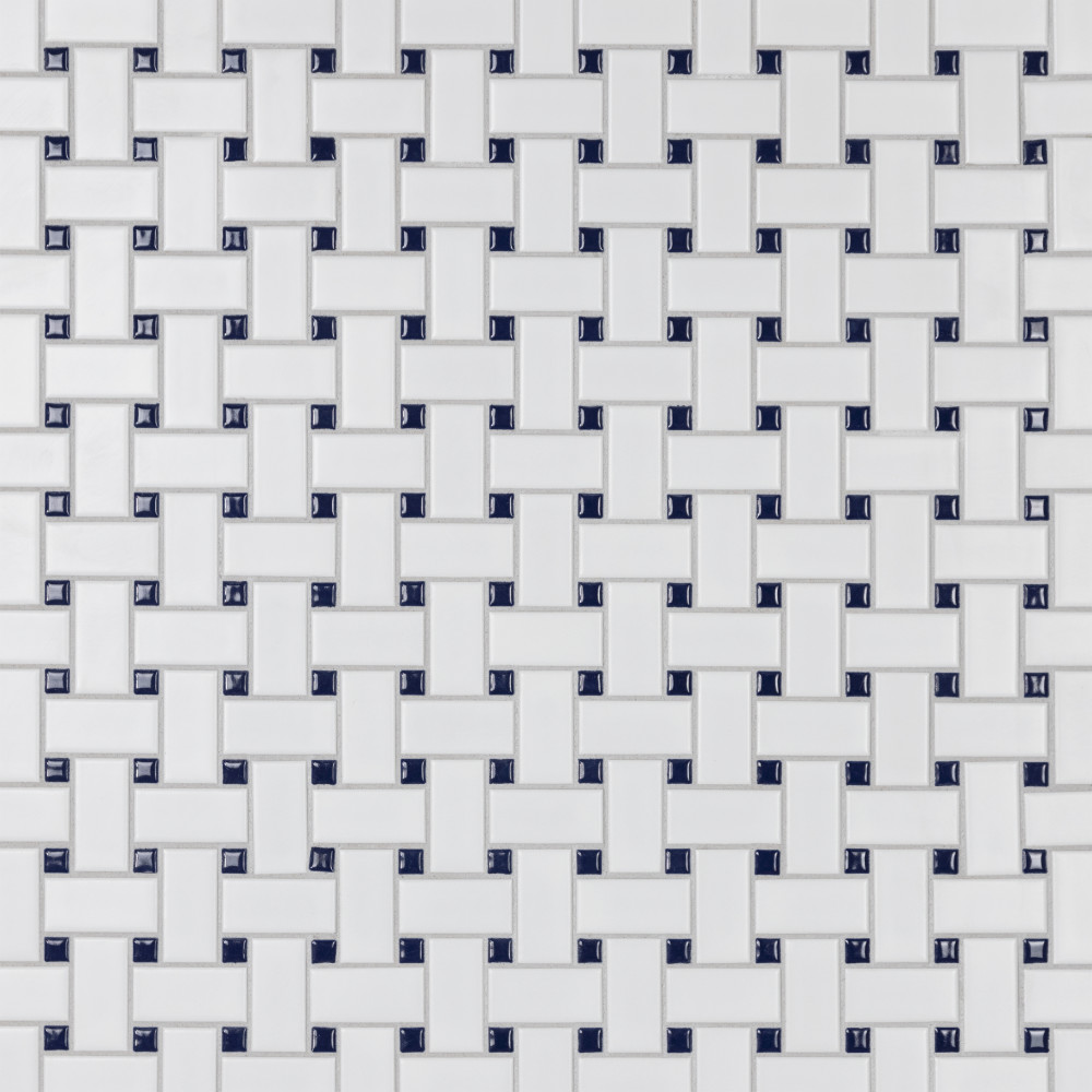 Metro Basketweave White w/ Glossy Cobalt Dot 11.75x11.75 Square Porcelain Floor and Wall Digital Pattern