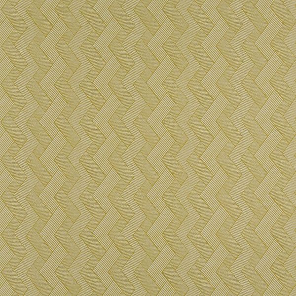 A mustard-yellow woven wallpaper with repeating herringbone zigzag pattern; covering a vertical surface, creating textured optical depth; close-up, evenly lit detail with subtle diagonal ribbing.