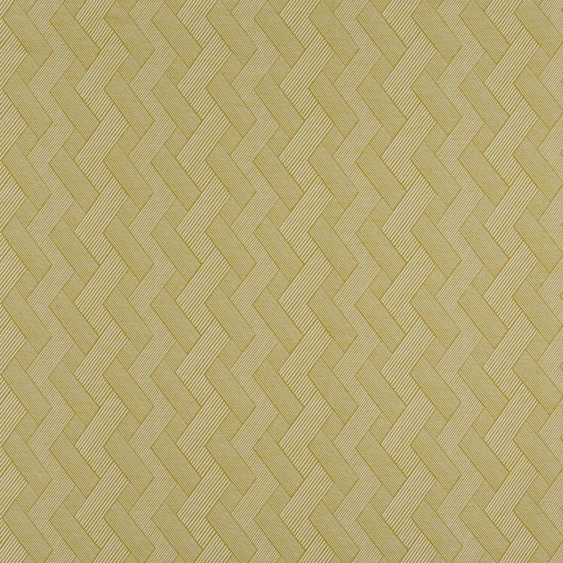 A mustard-yellow woven wallpaper with repeating herringbone zigzag pattern; covering a vertical surface, creating textured optical depth; close-up, evenly lit detail with subtle diagonal ribbing.