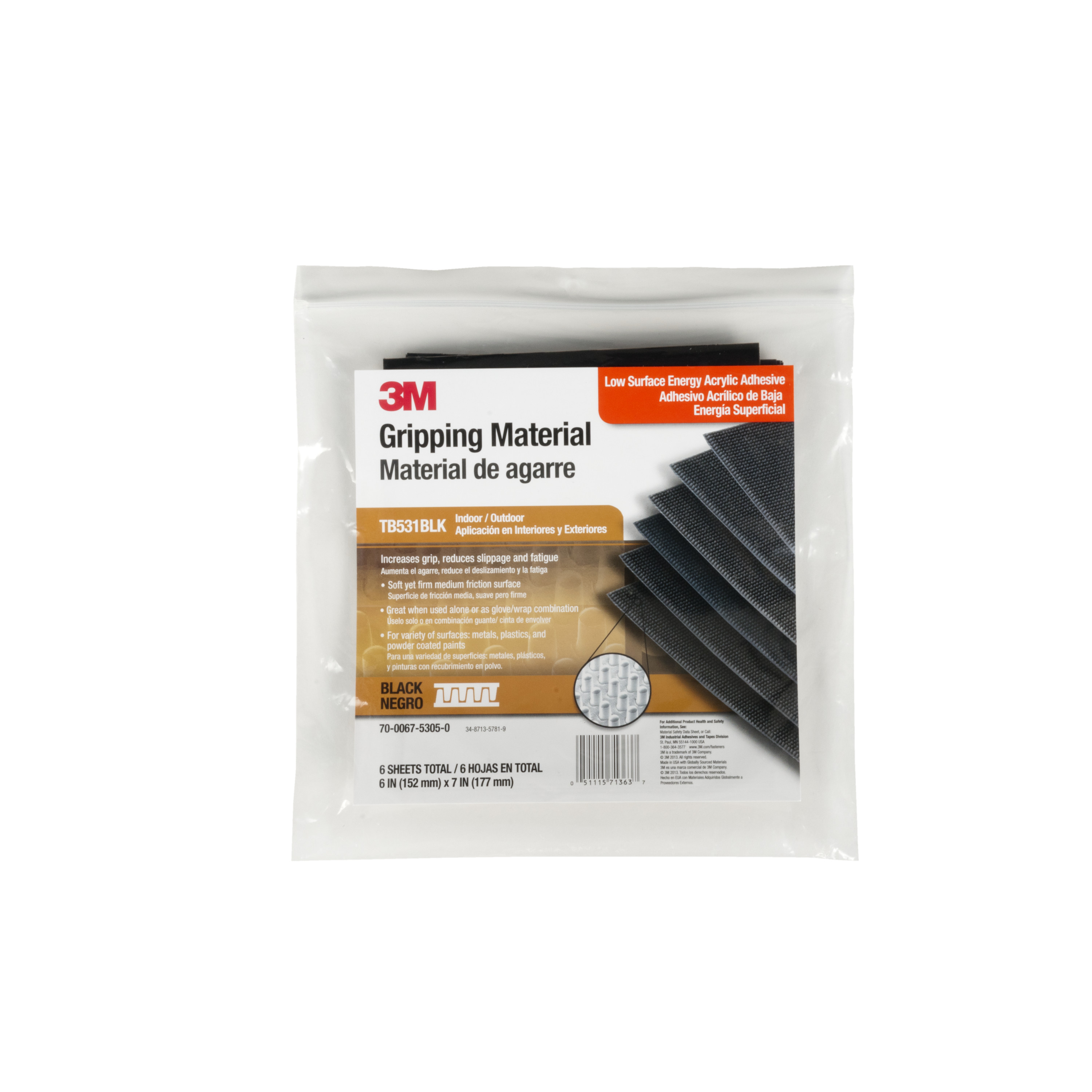 3M™ Gripping Material TB531BLK, Black, 6 in x 7 in, 6 sheets per bag