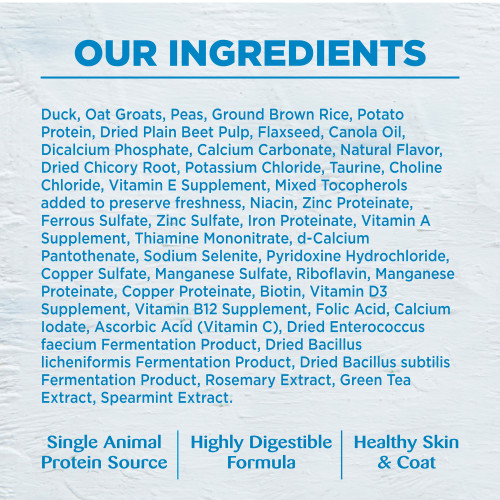 <p>Duck, Oatmeal, Peas, Ground Brown Rice, Potato Protein, Dried Plain Beet Pulp, Flaxseed, Canola Oil, Dicalcium Phosphate, Calcium Carbonate, Natural Flavor, Dried Chicory Root, Potassium Chloride, Taurine, Choline Chloride, Vitamin E Supplement, Mixed Tocopherols added to preserve freshness, Niacin, Zinc Proteinate, Ferrous Sulfate, Zinc Sulfate, Iron Proteinate, Vitamin A Supplement, Thiamine Mononitrate, d-Calcium Pantothenate, Sodium Selenite, Pyridoxine Hydrochloride, Copper Sulfate, Manganese Sulfate, Riboflavin, Manganese Proteinate, Copper Proteinate, Biotin, Vitamin D3 Supplement, Vitamin B12 Supplement, Folic Acid, Calcium Iodate, Ascorbic Acid (Vitamin C), Dried Enterococcus faecium Fermentation Product, Dried Bacillus licheniformis Fermentation Product, Dried Bacillus subtilis Fermentation Product, Rosemary Extract, Green Tea Extract, Spearmint Extract.</p>
