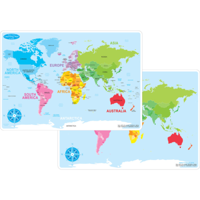 Smart Poly&trade; Learning Mat, 12" x 17", Double-Sided, World Basic Map
