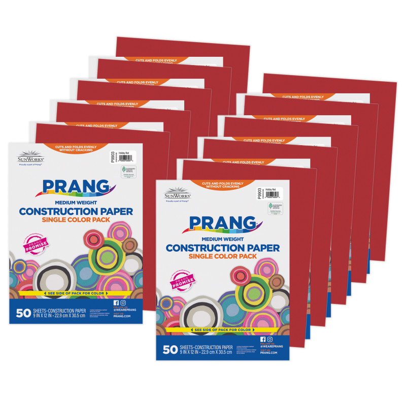Construction Paper, Medium Weight, Holiday Red, 9" x 12", 50 Sheets Per Pack, 10 Packs