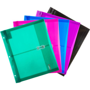 Poly Project Envelopes, 11-1/2" x 9-3/4", 200 Sheet Capacity, Assorted Colors, Pack of 5