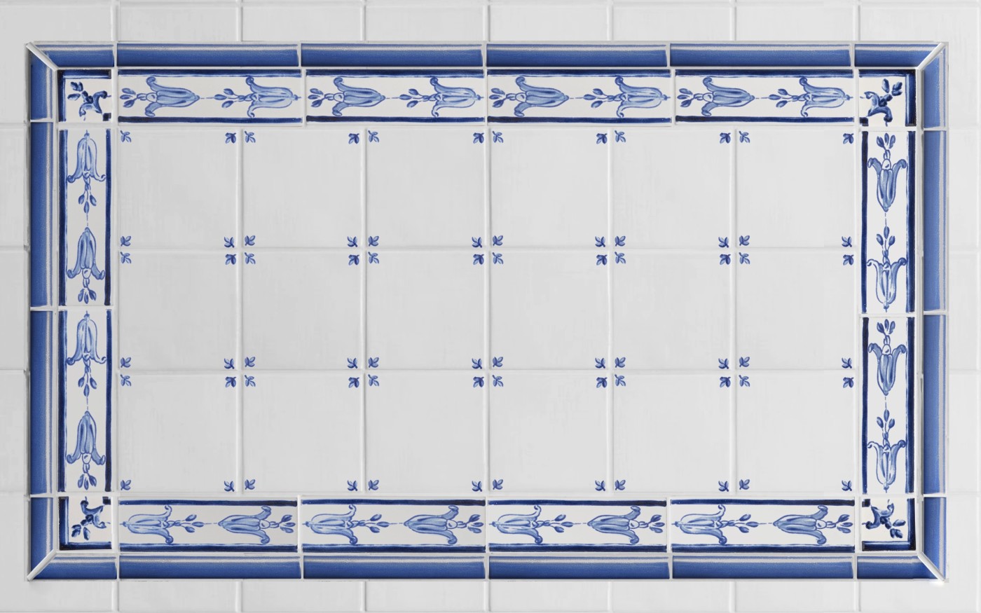 blue and white tiles with hand painted designs.