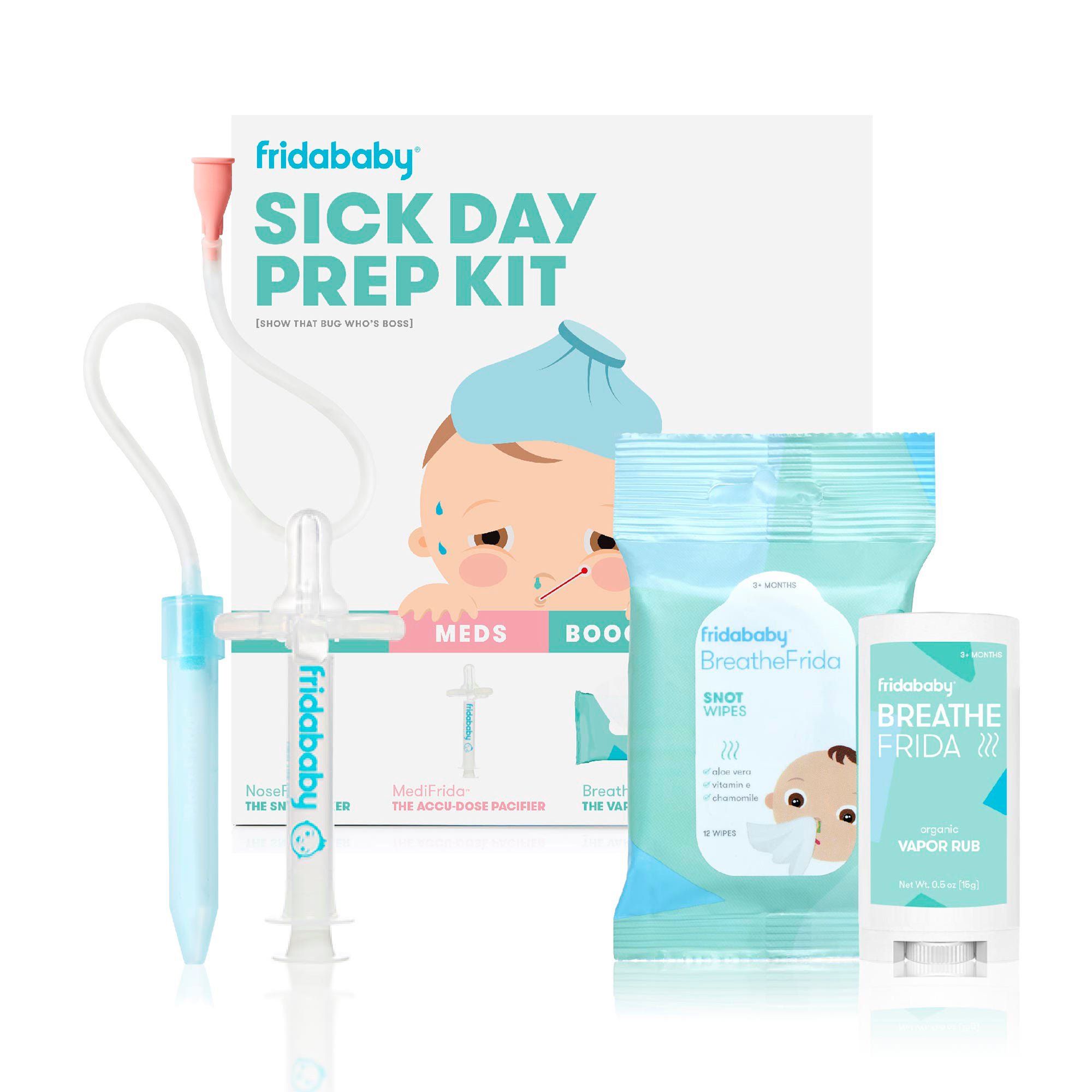 frida baby Sick Day Prep Kit, NoseFrida + Filters, Accu-Dose, Wipes & Vapor Rub