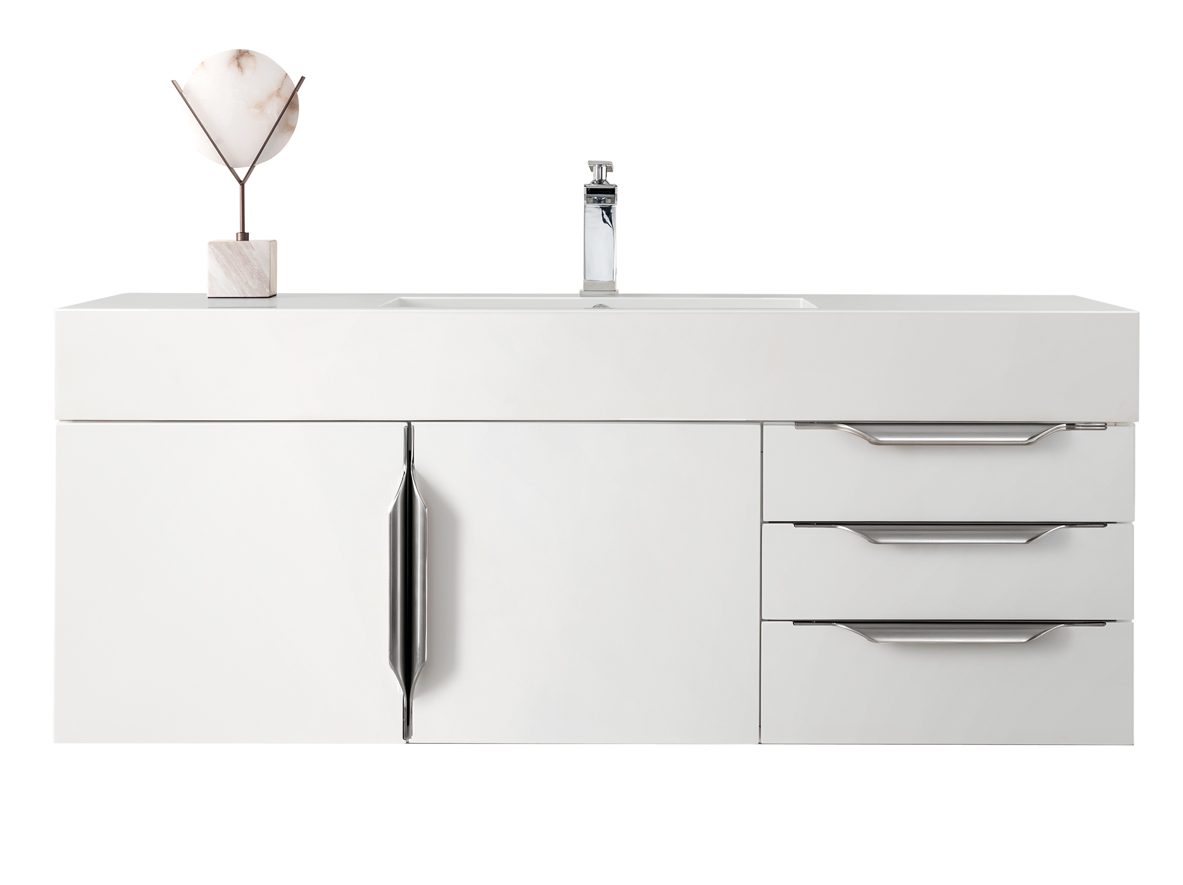 James Martin Columbia 48" Single Wall Mount Vanity, Glossy White w/ Glossy White Composite Stone Top and Hardware Finish Options