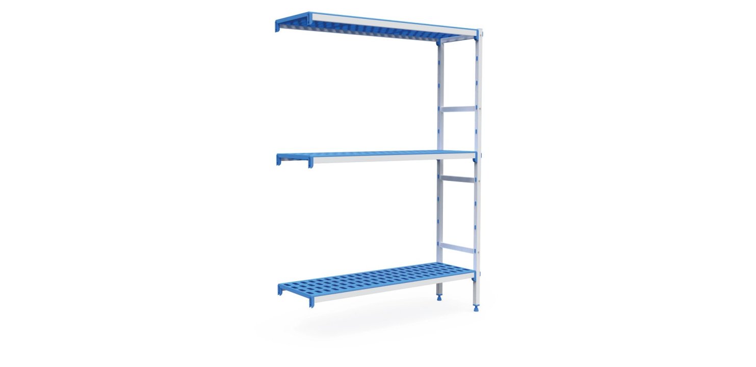 Three-level modular corner shelving kit anodized aluminum frame with polypropylene shelves 3811 x 385 mm