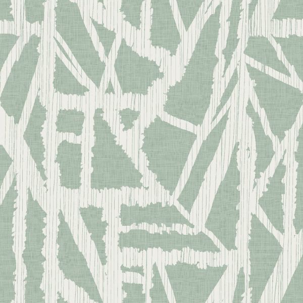 Mint-green textured wallpaper featuring irregular white, vertically striped geometric shards â€” repeating pattern covering a flat surface; close-up view, matte finish with a muted, neutral palette.