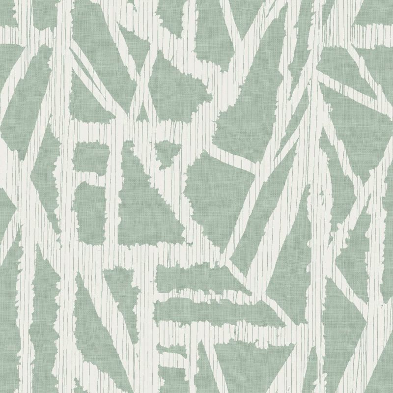 Mint-green textured wallpaper featuring irregular white, vertically striped geometric shards â€” repeating pattern covering a flat surface; close-up view, matte finish with a muted, neutral palette.
