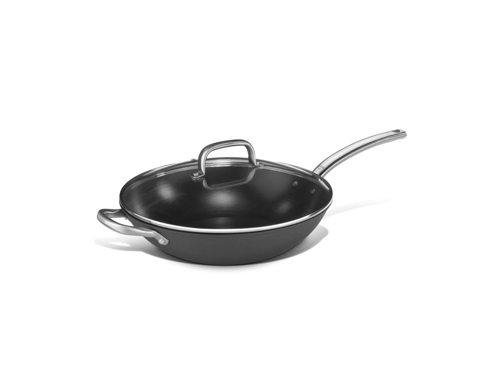 Wok Steel Pro 1921 de Acero al carbono de 32 centímetros listo para la inducción con antiadherente y tapa de cristal