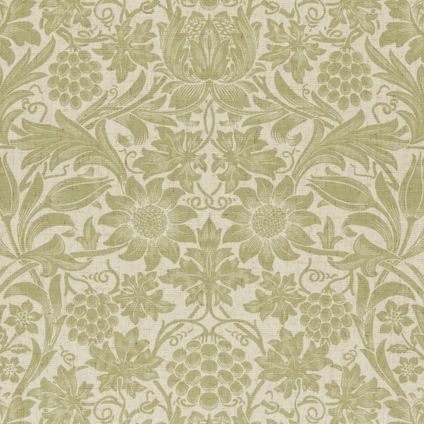 Beige textured wallpaper with repeating muted green floral and grapevine damask motifs (large sunflowers, tulips, leaves), decorating a wall and creating a vintage ornamental background in soft, even lighting.