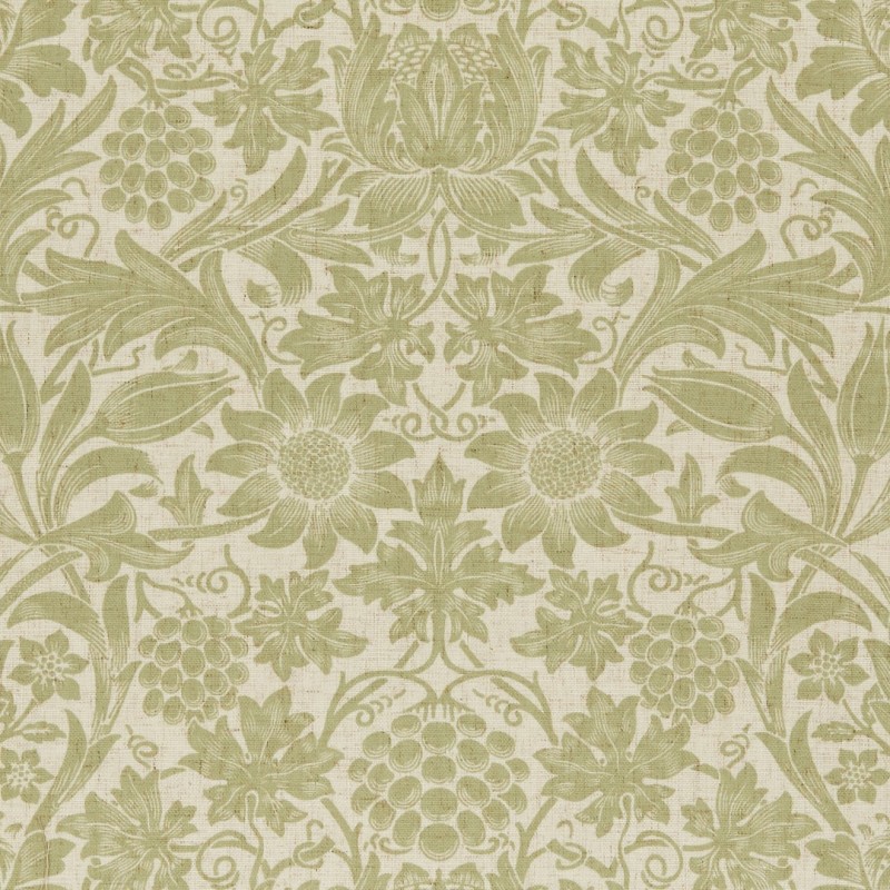 Beige textured wallpaper with repeating muted green floral and grapevine damask motifs (large sunflowers, tulips, leaves), decorating a wall and creating a vintage ornamental background in soft, even lighting.
