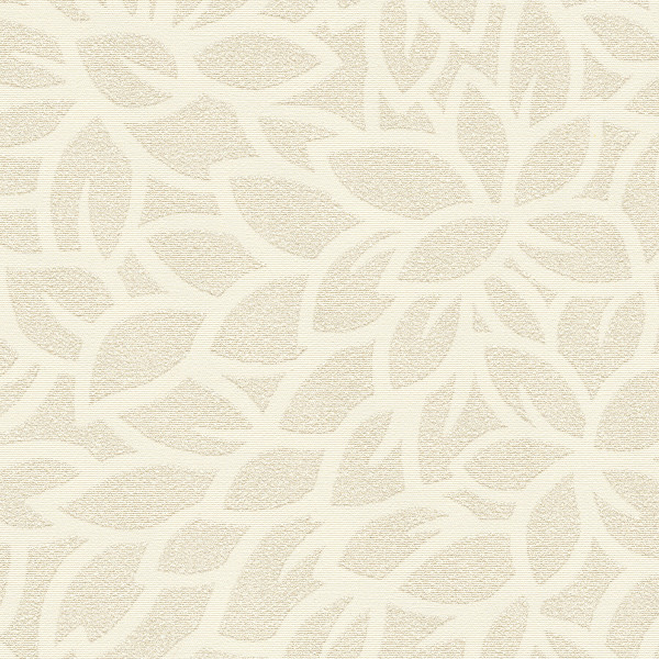 Stylized leaf motifs overlap and interlock, forming a repeating floral pattern on a textured cream-beige wallpaper background.
