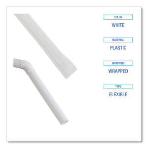 Boardwalk, Flexible Wrapped Straws, 7.75", Plastic, White
