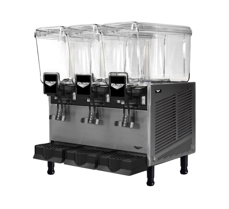 Refrigerated beverage dispenser with three 3.17-gallon bowls and fountain spray circulation