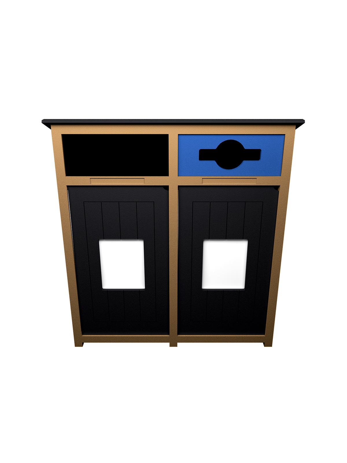 Busch Systems Aspyre Collection Aura Series double in cedar and black with blue and black doors opening with door signs