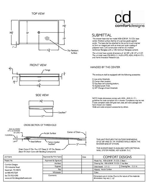 Spec Sheet — Cd Shower Base Spec Sheet Xsb 6238bf Col