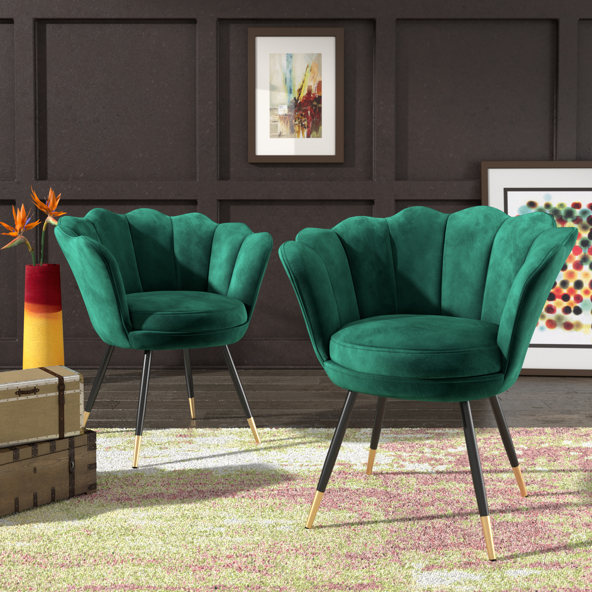 Black and Gold Metal Leg Velvet Seashell Accent Chairs (Set of 2)