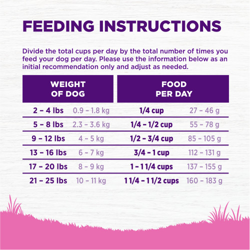 <p>Standard measuring cup holds approximately 4.4 oz (125g) of Wellness Complete Health Toy Breed Deboned Chicken, Brown Rice & Peas Recipe Dog Food.									</p>
<p>Weight of Dog (lbs)	Weight of Dog (kg)	Cups per Day	Grams per Day<br />
2 – 4	0.9 – 1.8	 1/4	27 – 46<br />
5 – 8	2.3 – 3.6	1/4 – 1/2	55 – 78<br />
9 -12	4 – 5	1/2 – 3/4	85 – 105<br />
13 – 16	6 – 7	¾ – 1 	112 – 131<br />
17 – 20	8 – 9	1 – 1 1/4	137 – 155<br />
21 – 25	10 – 11	1 1/4 – 1 1/2	160 – 183						</p>
<p>Combination Feeding: If feeding with Wellness wet food, reduce dry amount fed by 1/16 cup (8g) for every 2 tablespoons of wet food.</p>
