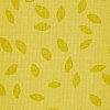 Yellow woven curtain panel, hung flat and showing scattered darker-yellow leaf motifs on a coarse textured weave; close-up interior textile detail, evenly lit with no visible window.