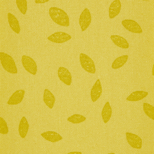 Yellow woven curtain panel, hung flat and showing scattered darker-yellow leaf motifs on a coarse textured weave; close-up interior textile detail, evenly lit with no visible window.