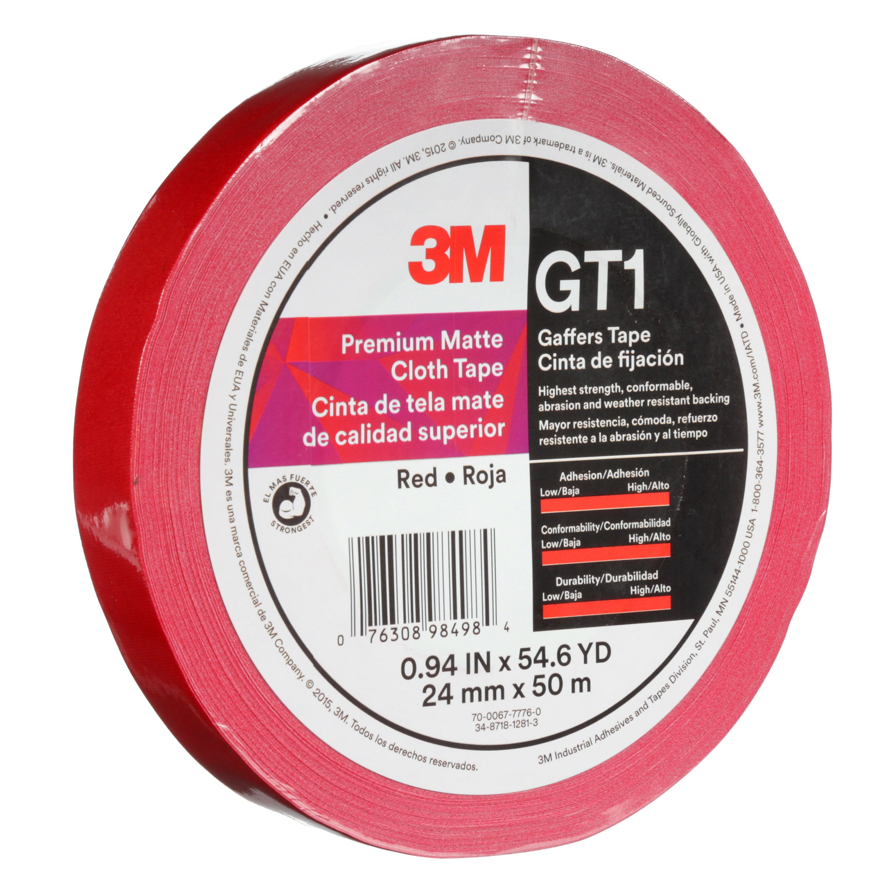 3M™ Premium Matte Cloth (Gaffers) Tape GT1, Red, 24 mm x 50 m, 11 mil,
48 per case