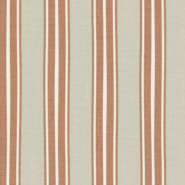 Striped fabric repeats evenly spaced vertical rust-colored bands flanked by narrow white lines on a textured beige linen background.
