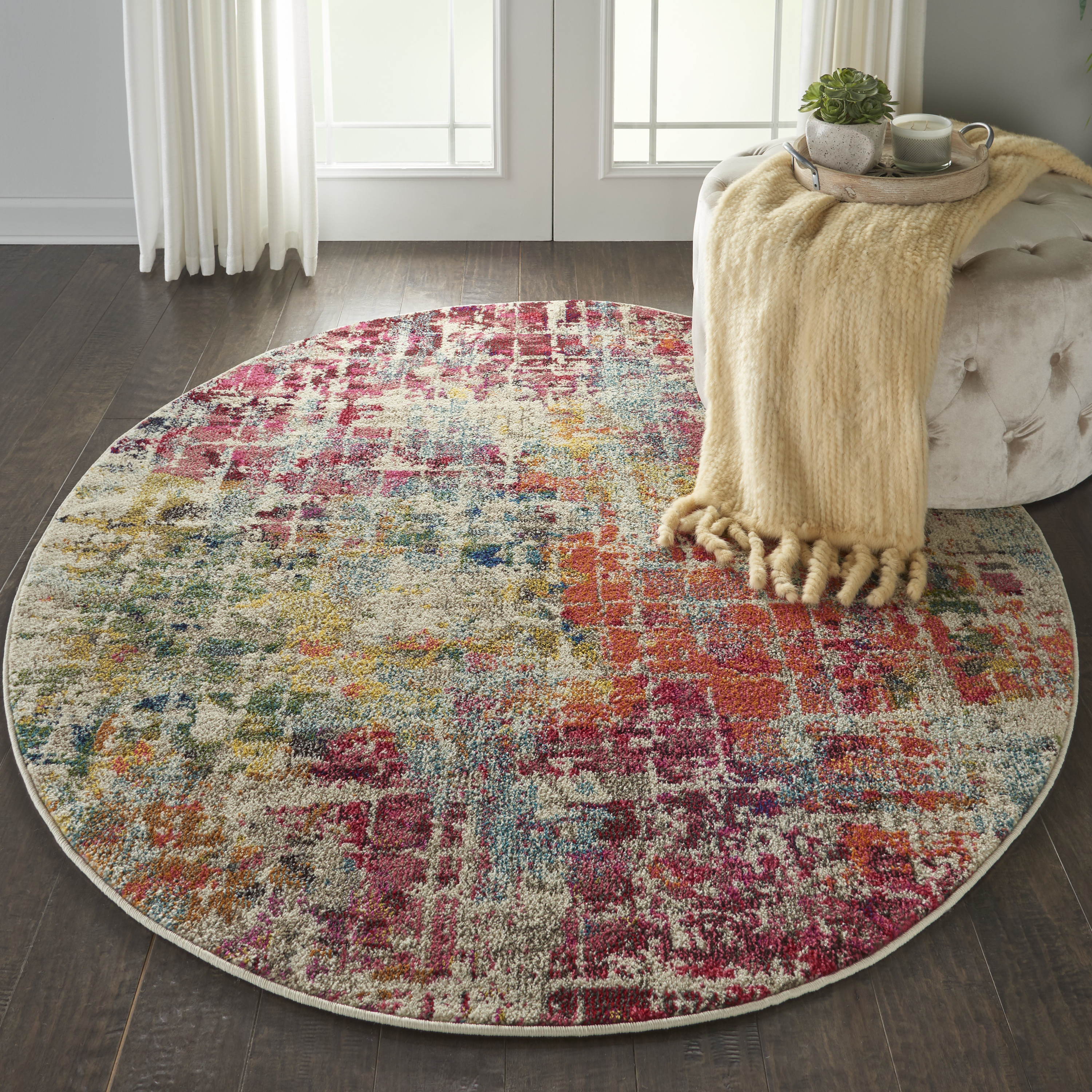 Nourison Celestial 5'3" x Round Pink Multicolor Modern & Contemporary Indoor Rug