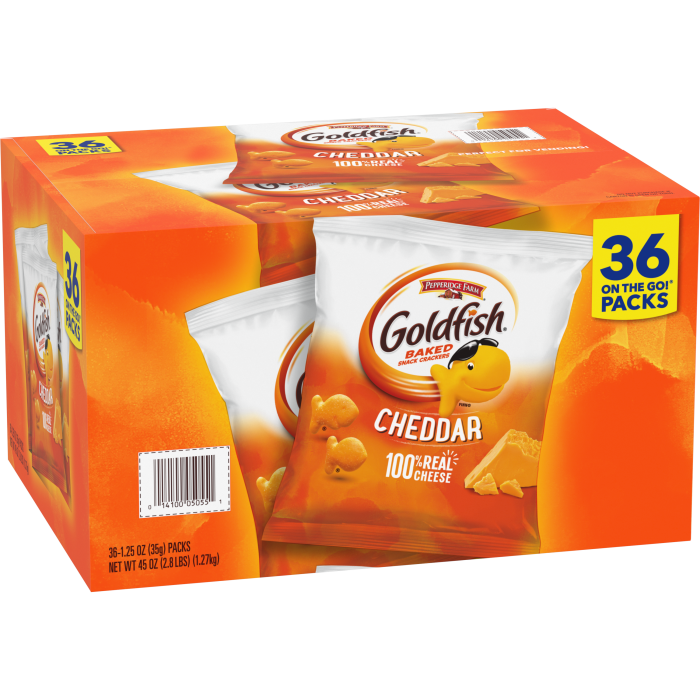 Goldfish® Cheddar Cheese Crackers, 36 count box, 1.25 oz, bag - Left Angle Image