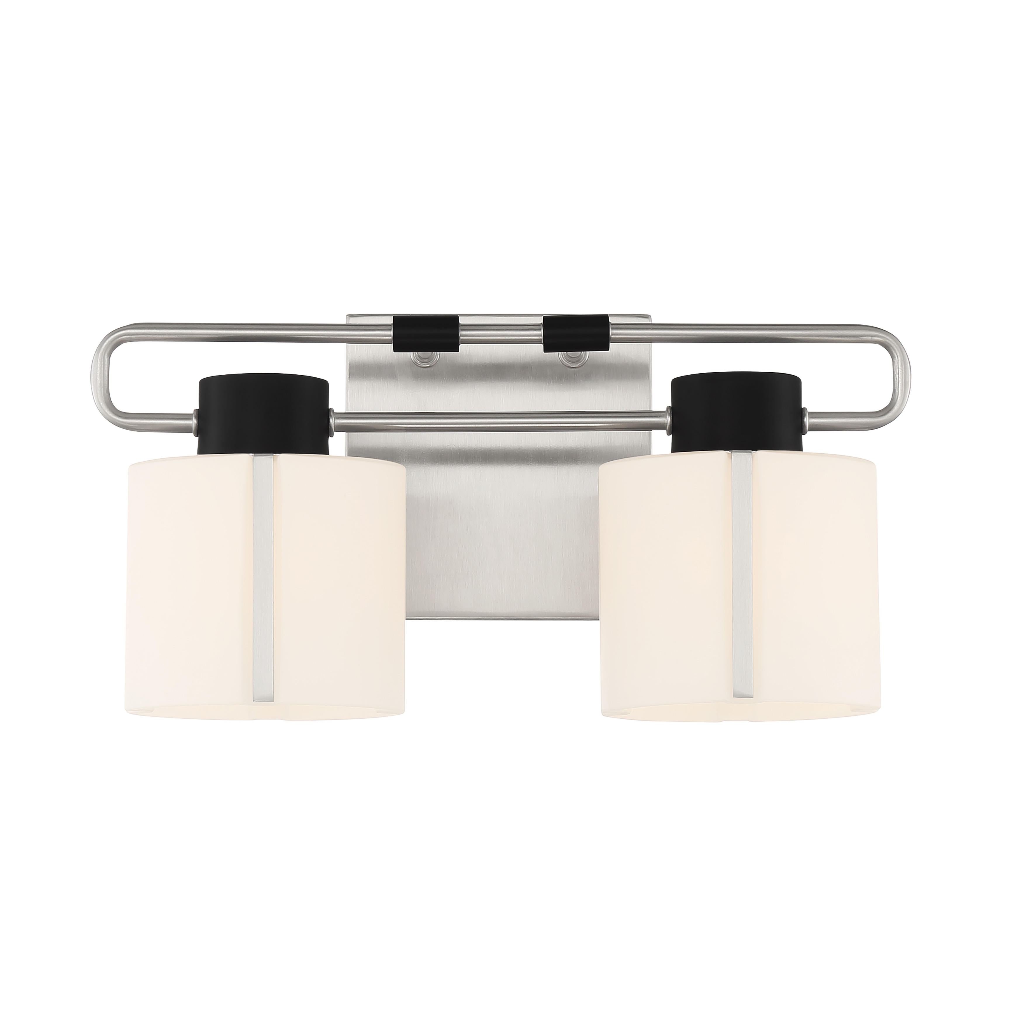 The Waverly Plaza 2-Light Bath Vanity combines modern styling with practical illumination. Featuring brushed nickel with coal accents and etched opal glass shades, it delivers even, flattering light perfect for grooming tasks. - alternate view