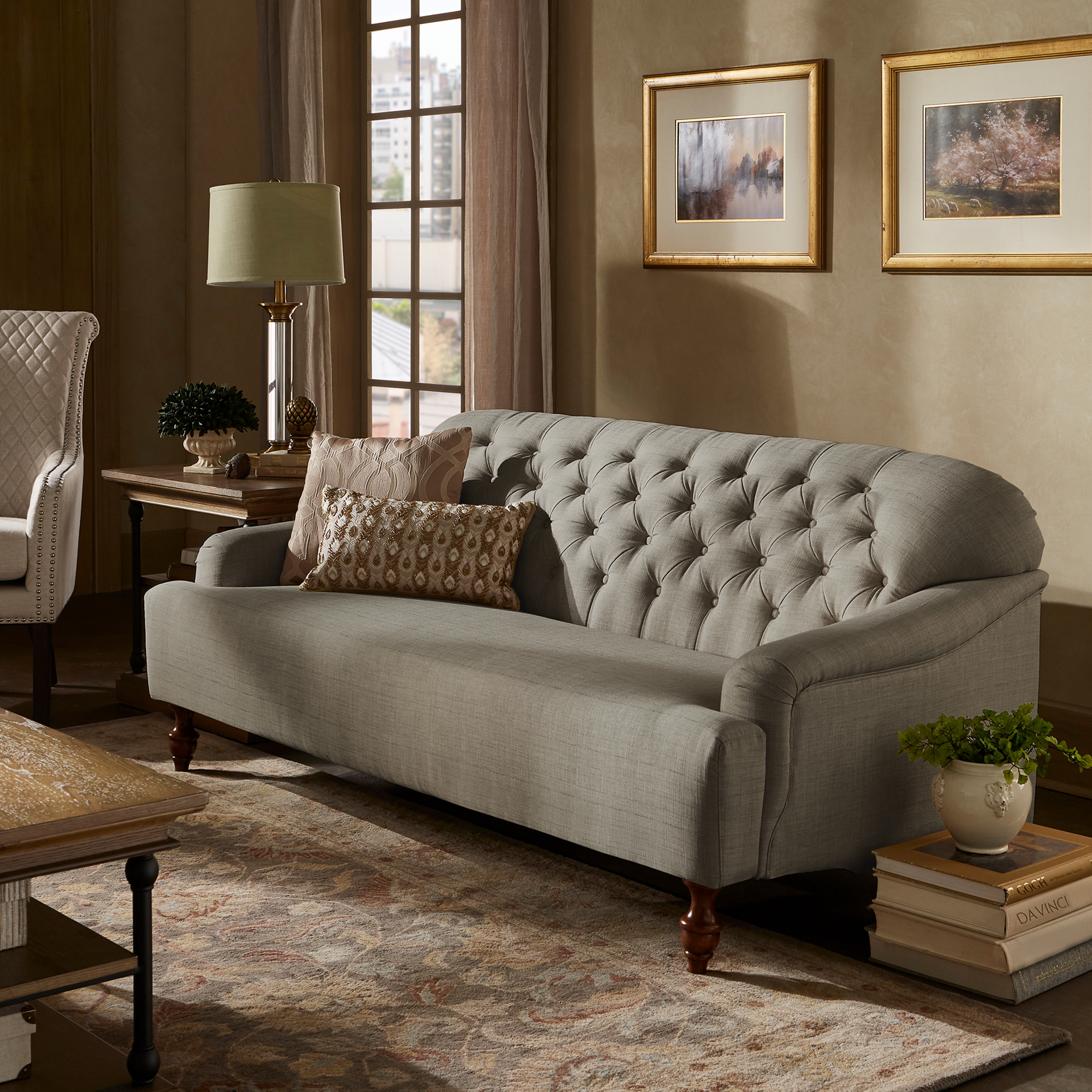 Walnut Finish Linen Chesterfield Sofa