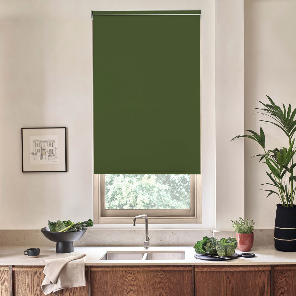 Dark green roller blind covers most of a kitchen window; stainless faucet and sink below with bowls of leafy greens, potted plants, and a framed sketch on the wall.
