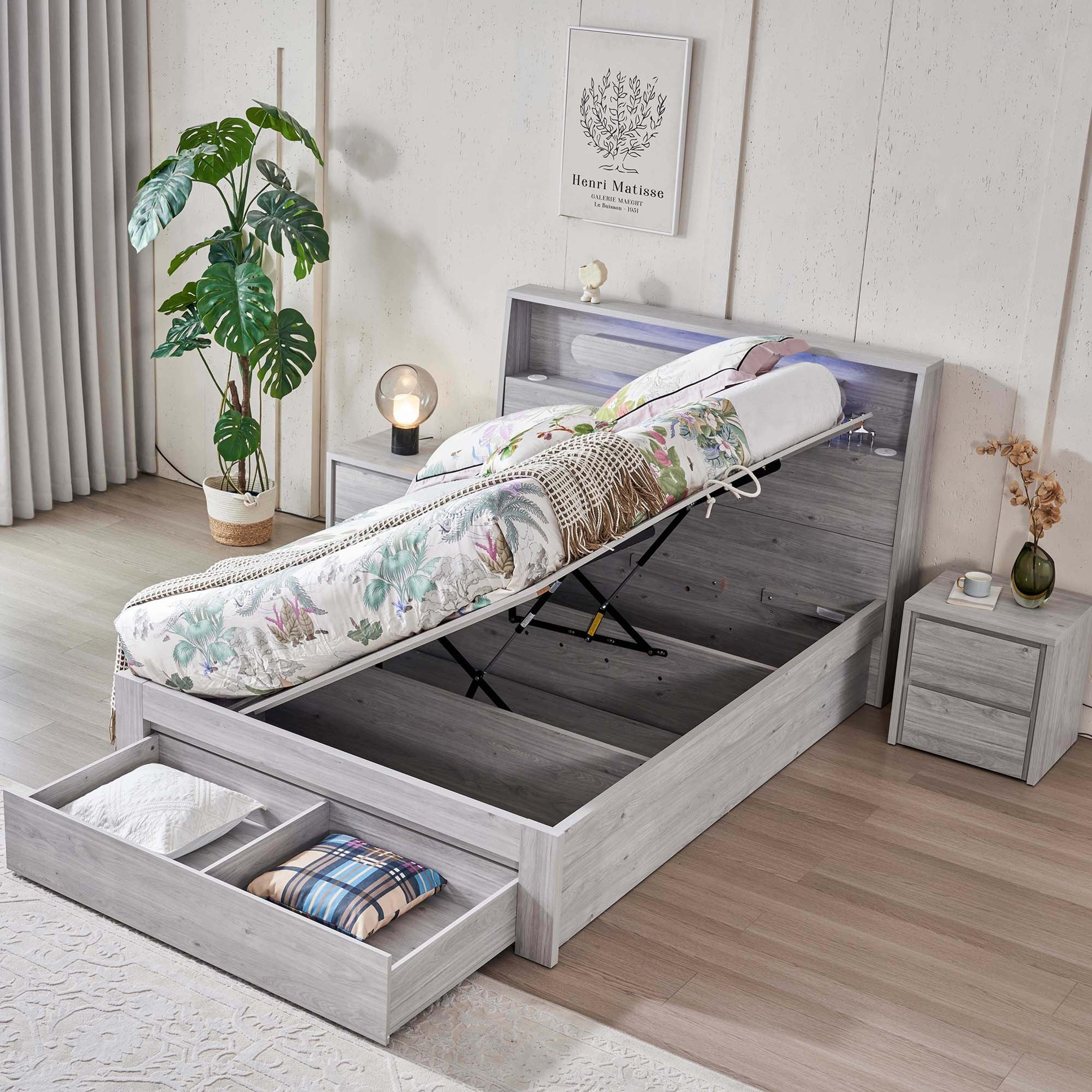 Lifestyle image of the Nova Bed Frame, Side Board Lift & End Drawer Base, Stone Oak from Forty Winks