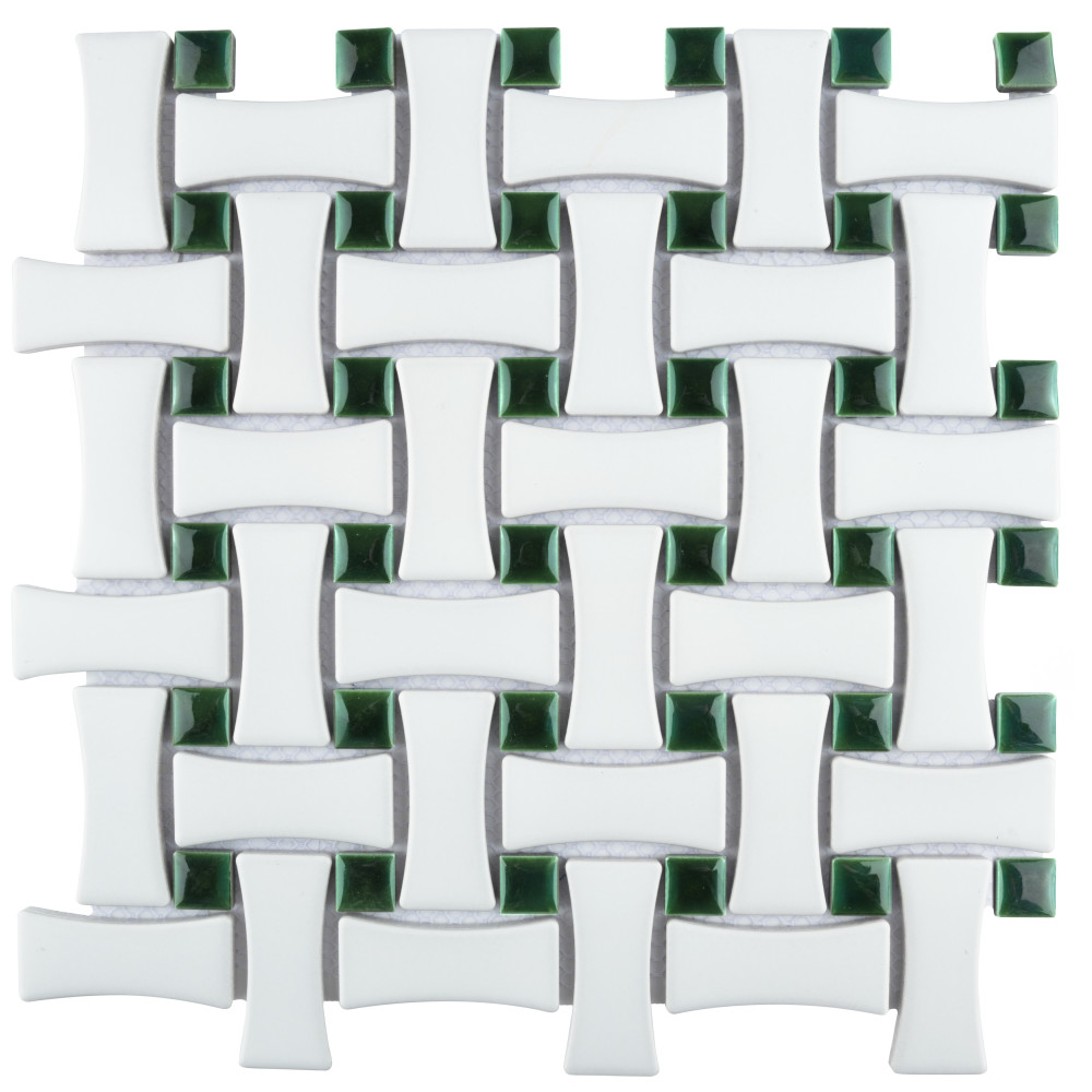 Metro Ion Dog Bone Basketweave Emerald Dot w/Matte White 10 in. x 10 in. Porcelain Mosaic Tile