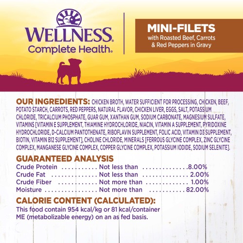 <p>Chicken Broth, Water Sufficient for Processing, Chicken, Beef, Potato Starch, Carrots, Red Peppers, Natural Flavor, Chicken Liver, Eggs, Salt, Potassium Chloride, Tricalcium Phosphate, Guar Gum, Xanthan Gum, Sodium Carbonate, Magnesium Sulfate, Vitamins [Vitamin E Supplement, Thiamine Hydrochloride, Niacin, Vitamin A Supplement, Pyridoxine Hydrochloride, d-Calcium Pantothenate, Riboflavin Supplement, Folic Acid, Vitamin D3 Supplement, Biotin, Vitamin B12 Supplement], Choline Chloride, Minerals [Ferrous Glycine Complex, Zinc Glycine Complex, Manganese Glycine Complex, Copper Glycine Complex, Potassium Iodide, Sodium Selenite].</p>
