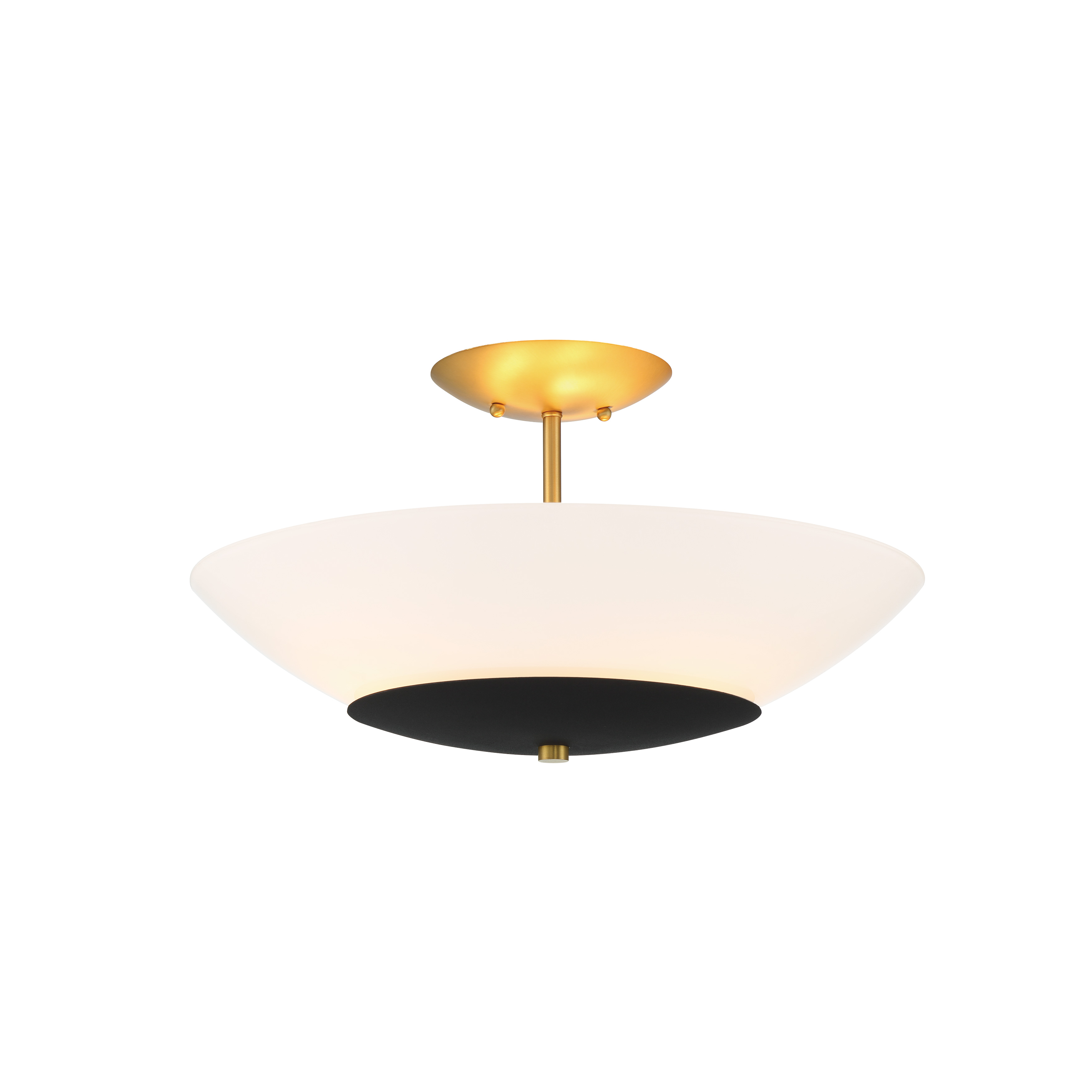 The Bax semi-flush mount combines contemporary styling with practical functionality. Its sand coal and soft brass finish adds warmth, while frosted opal glass provides soft, even illumination perfect for smaller spaces. - alternate view