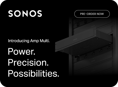 Sonos Amp Multi with “Introducing Amp Multi, Power, Precision, Possibilities, Pre-Order Now” message