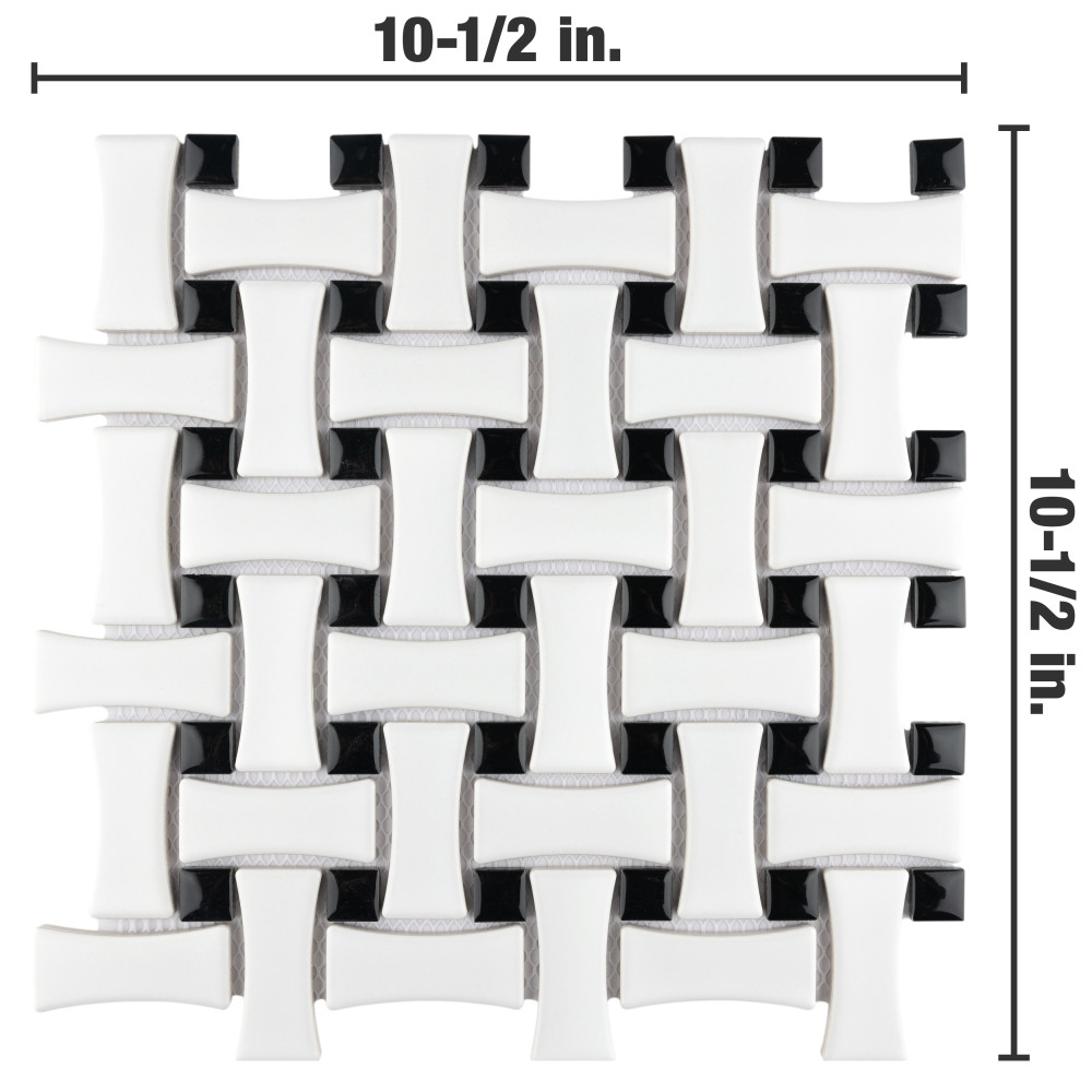 Metro Dog Bone Basketweave Matte White w/Glossy Black Dot 10 in. x 10 ...