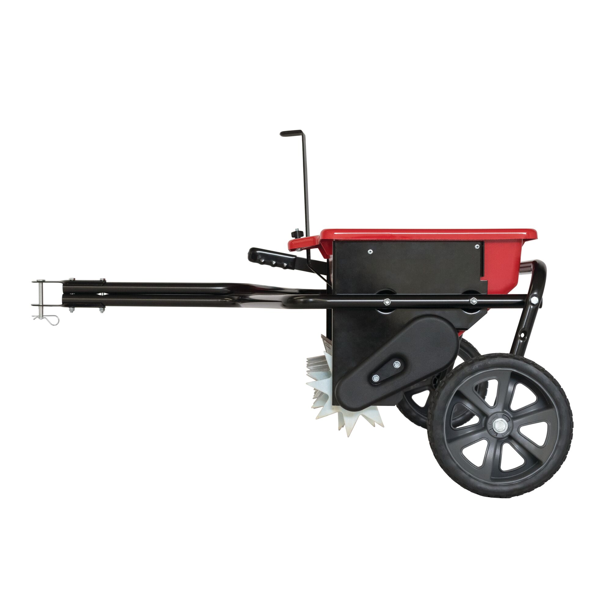 Right profile of 100 pounds aerator drop spreader combo.