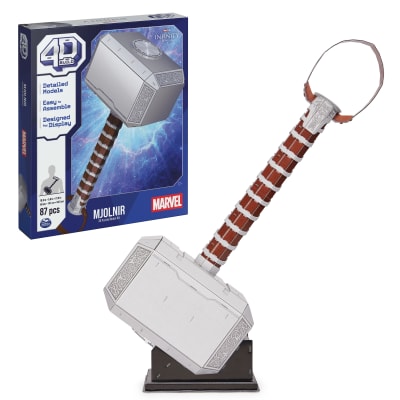 4D Build, Marvel Mjolnir Thor Hammer 3D Model Kit with Stand, Marvel Collectibles & Desk Décor, Adult Puzzle, Building Toys, 87 Pieces, 3D Puzzles, Gift Ideas for Ages 12 & Up