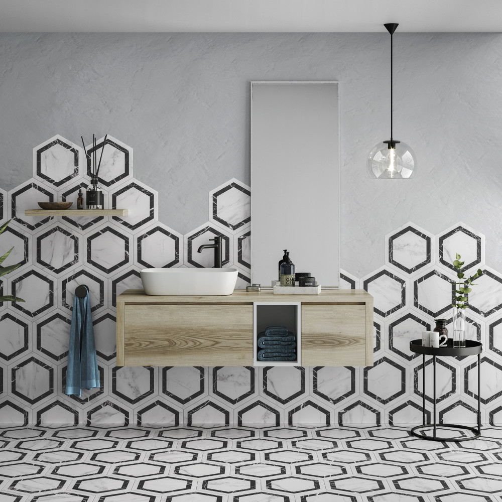 Marbilia Hex Venato Black Geo with Biotech 11 in. x 13 in. Porcelain Floor and Wall Tile